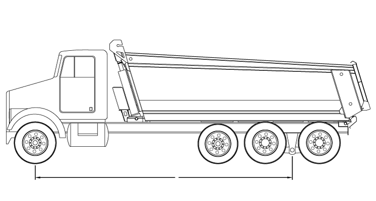 Bridge law example: tri-axle dump truck with 255 inch wheelbase and 58,000 lbs GVW Bridge law example: tri-axle dump truck with 255 inch wheelbase and 58,000 lbs GVW